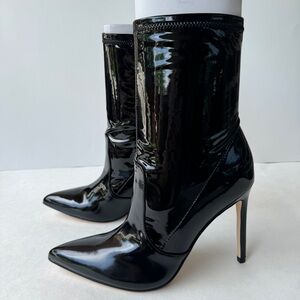 Nine West Black Faux Patent Ankle Booties | Pointed Toe High Heel | Like New